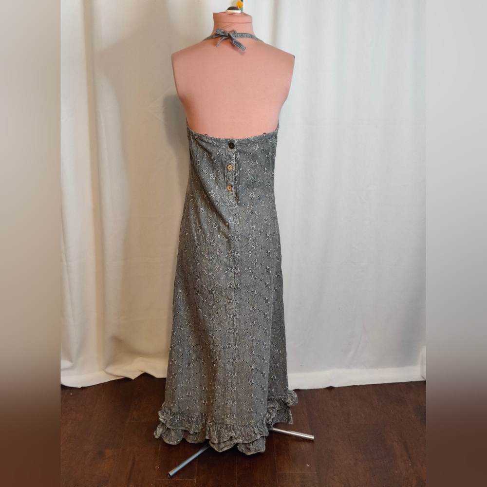 Vintage olive Eyelet peekaboo Ruffle maxi Dress Spring - Picture 6 of 9